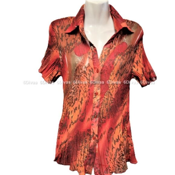 𝅺Red and Orange Top Short Sleeve Blouse Accordion Lightweight Size XL/TG - NEW - Picture 1 of 6